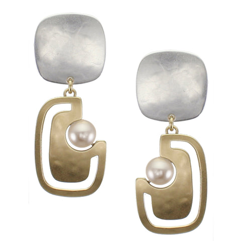 Rounded Square with Cutout Rounded Rectangle and Grey Pearl Post or Clip Earring