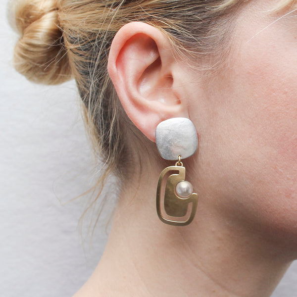 Rounded Square with Cutout Rounded Rectangle and Grey Pearl Post or Clip Earring