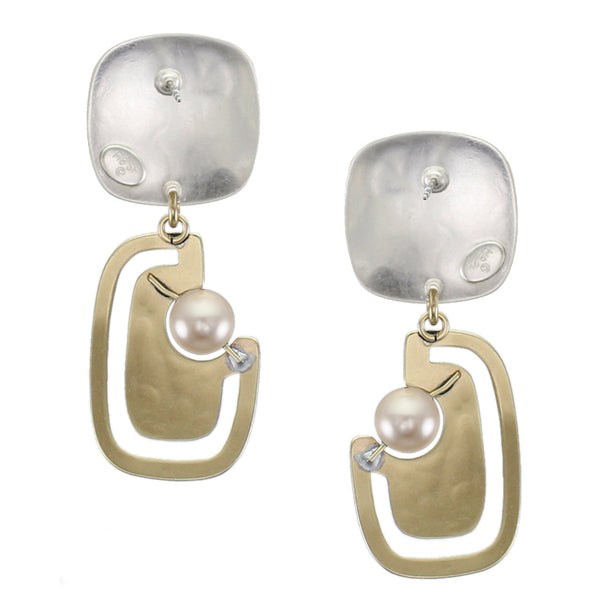 Rounded Square with Cutout Rounded Rectangle and Grey Pearl Post or Clip Earring