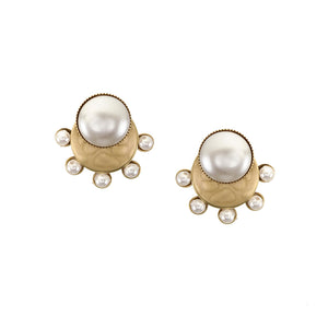 Small Pearl Cabochon on Disc with Radial Pearls Clip or Post Earring