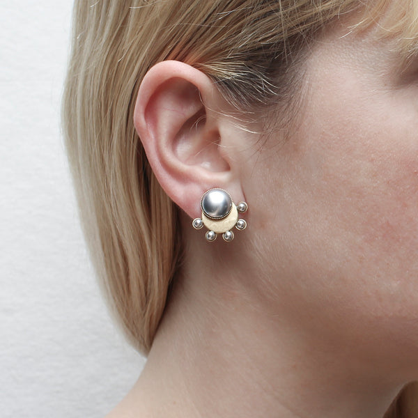 Small Pearl Cabochon on Disc with Radial Pearls Clip Earring