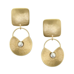 Square with Dished Cutout Disc with Cream Pearl Cabochon Post or Clip Earring