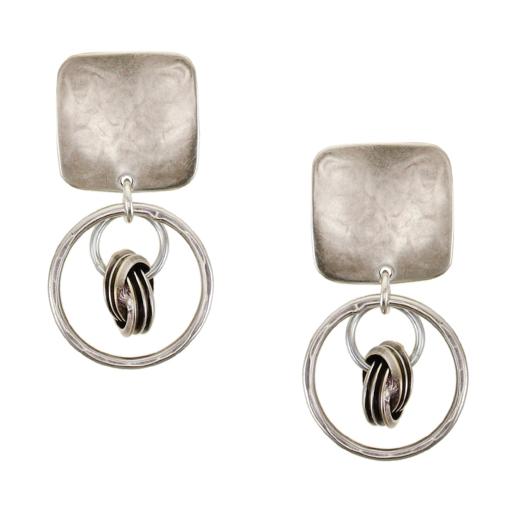 Rounded Square with Medium Rings with Suspended Knot Clip or Post Earring