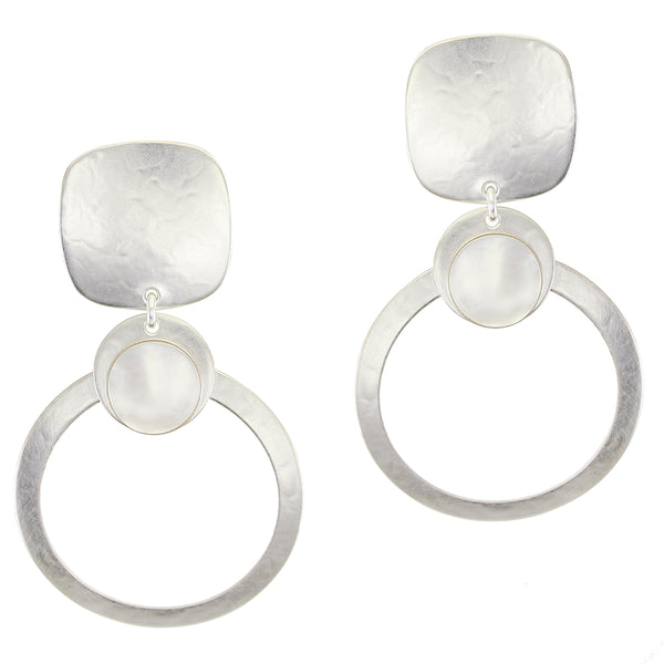 Square with Mother of Pearl Disc and Hoop Post or Clip Earring