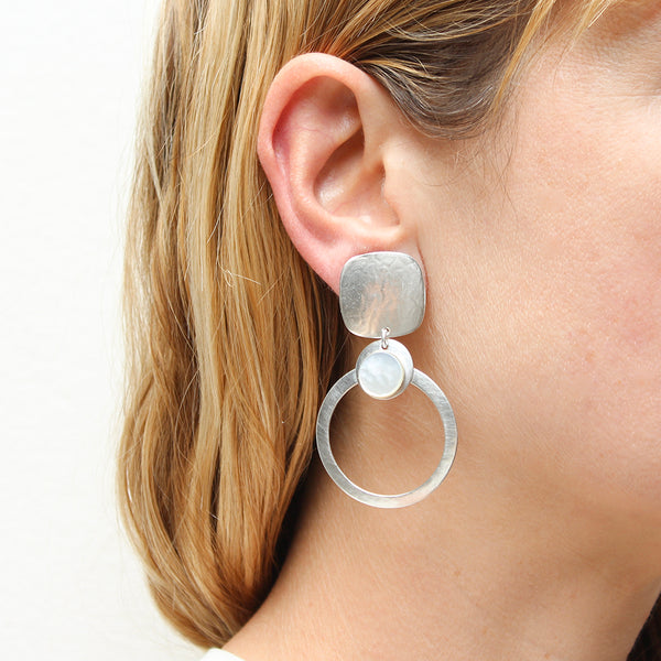 Square with Mother of Pearl Disc and Hoop Post or Clip Earring