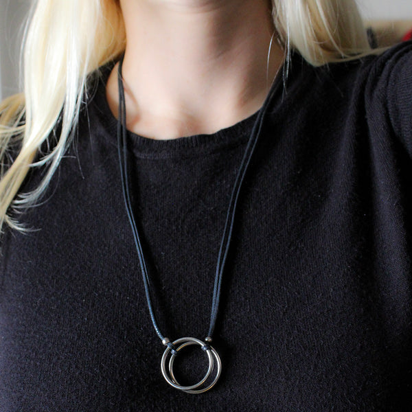 Double Antique Silver Rings with Black Cord Necklace