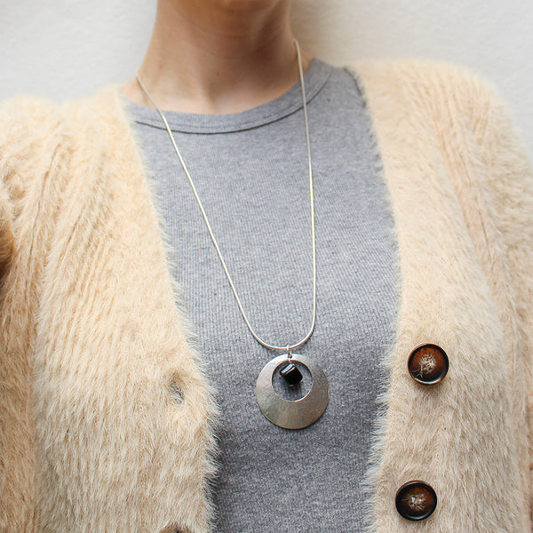 Cutout Disc with Black Cube Bead Long Necklace