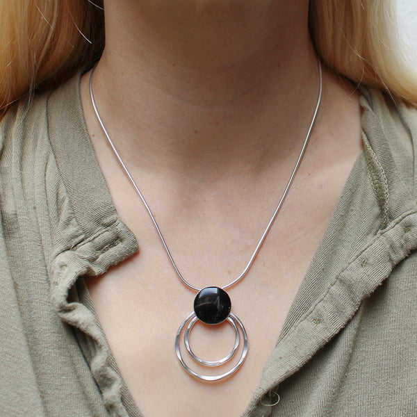 Large Black Cabochon with Rings Necklace