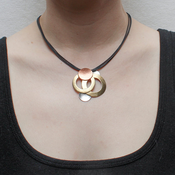 Rings and Discs on Black Cord Necklace