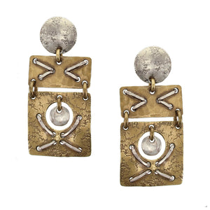 Small Silver Disc with Brass Rectangle and Square with Silver Wire Stitching Marjorie Baer Post Earring