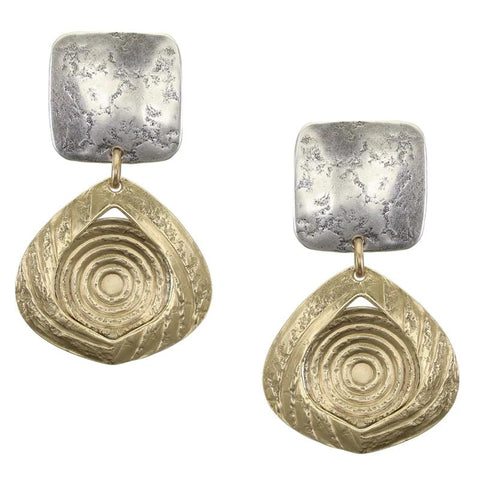 Rounded Square with Patterned Cutout Teardrop and Disc Post or Clip Earring