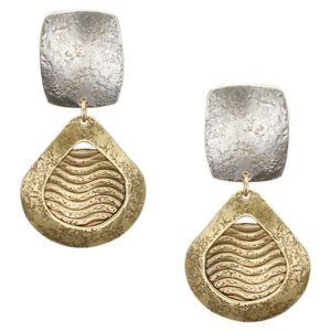 Rounded Rectangle with Cutout Teardrop and Patterned Disc Post or Clip Earring