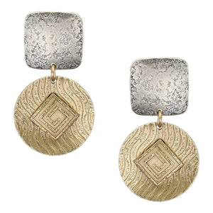 Rounded Square with Disc and Square Post or Clip Earring