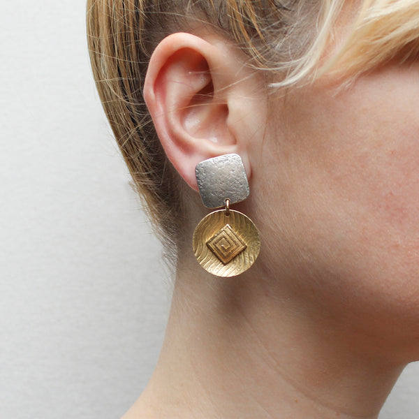 Rounded Square with Disc and Square Post or Clip Earring