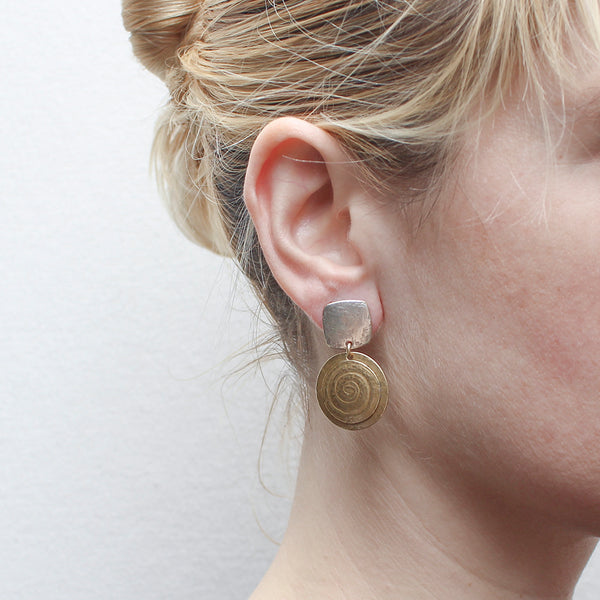 Rounded Square with Swirl Patterned Disc Post or Clip Earring