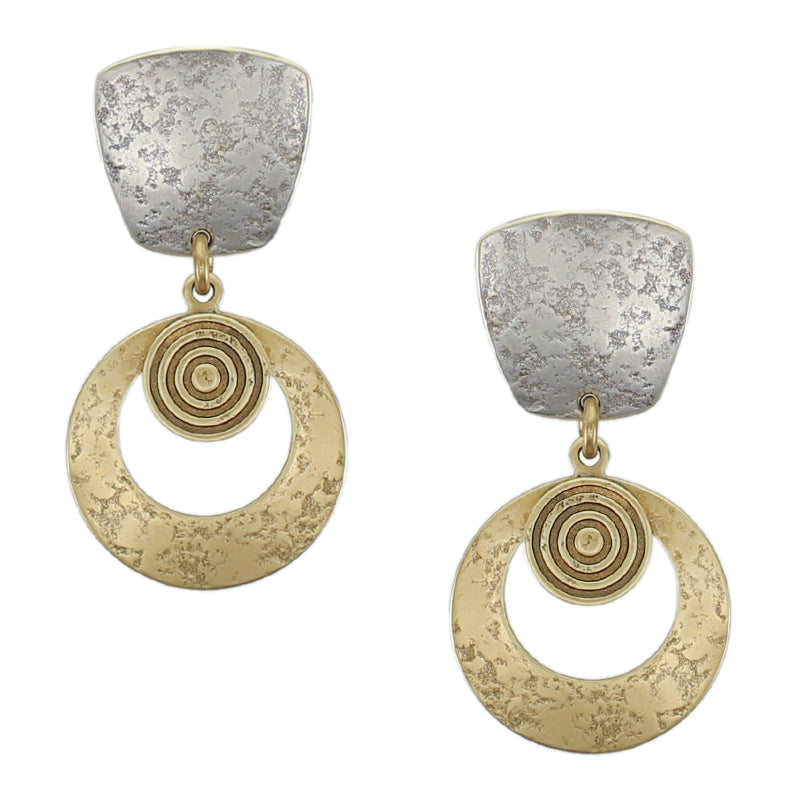 Tapered Square with Patterned Disc and Cutout Disc Clip or Post Earring