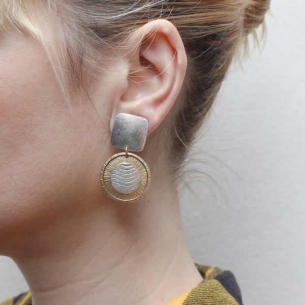 Rounded Square with Wave Pattern Disc Clip or Post Earring