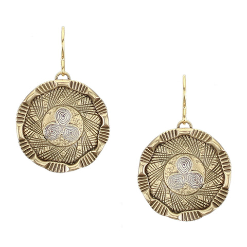 Triple Swirl on Patterned Rimmed Disc Wire Earring