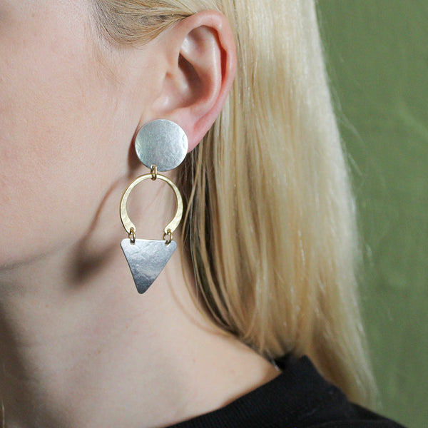 Disc with Hammered Crescent and Rounded Triangle Post or Clip Earring