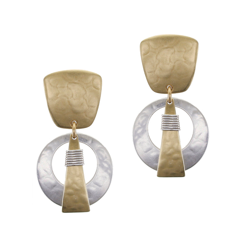 Tapered Square with Cutout Disc and Wire Wrapped Triangle Post or Clip Earring