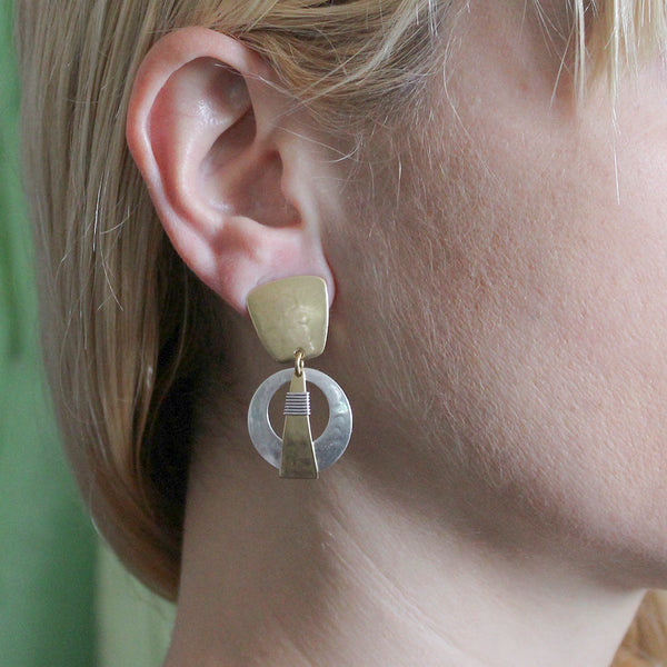 Tapered Square with Cutout Disc and Wire Wrapped Triangle Post or Clip Earring