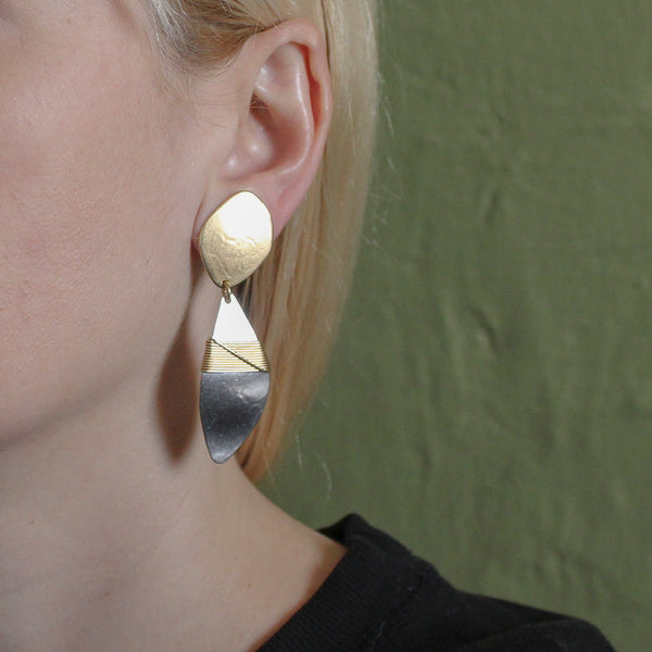 Large Organic Disc and Hammered Leaf with Crossed Wire Wrapping Clip Earring