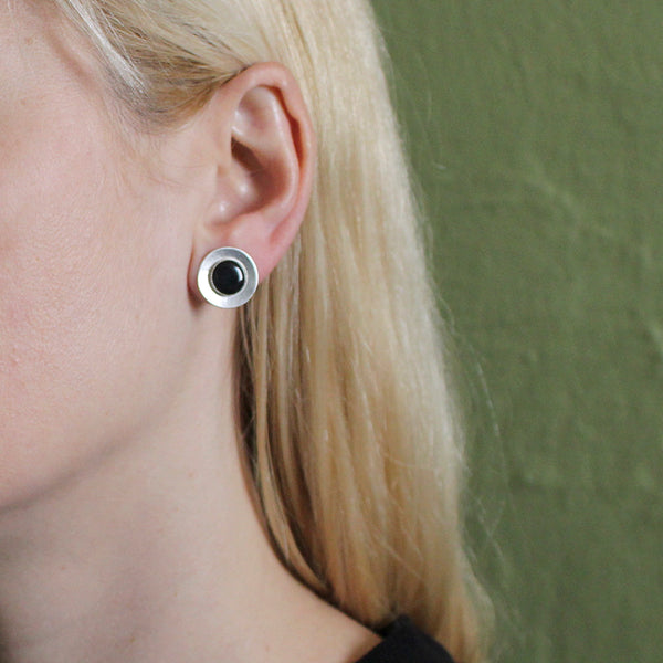 Domed Disc with Black Cabochon Post Earring