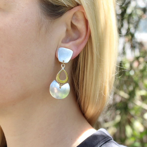 Tapered Square with Wire Wrapped Cutout Teardrop and Semi Circle Post or Clip Earring