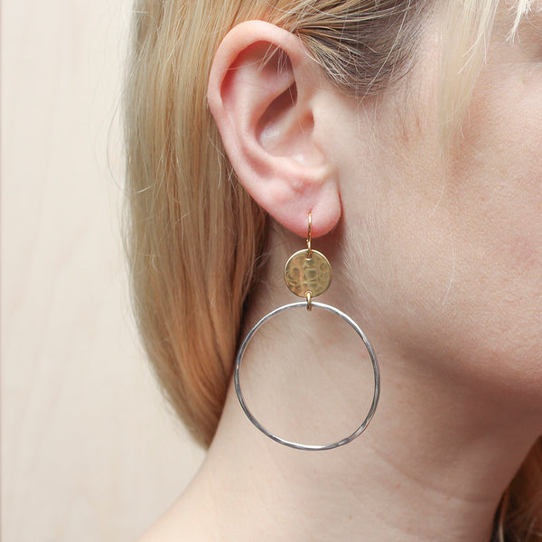 Concave Disc with Large Hammered Ring Wire Earring
