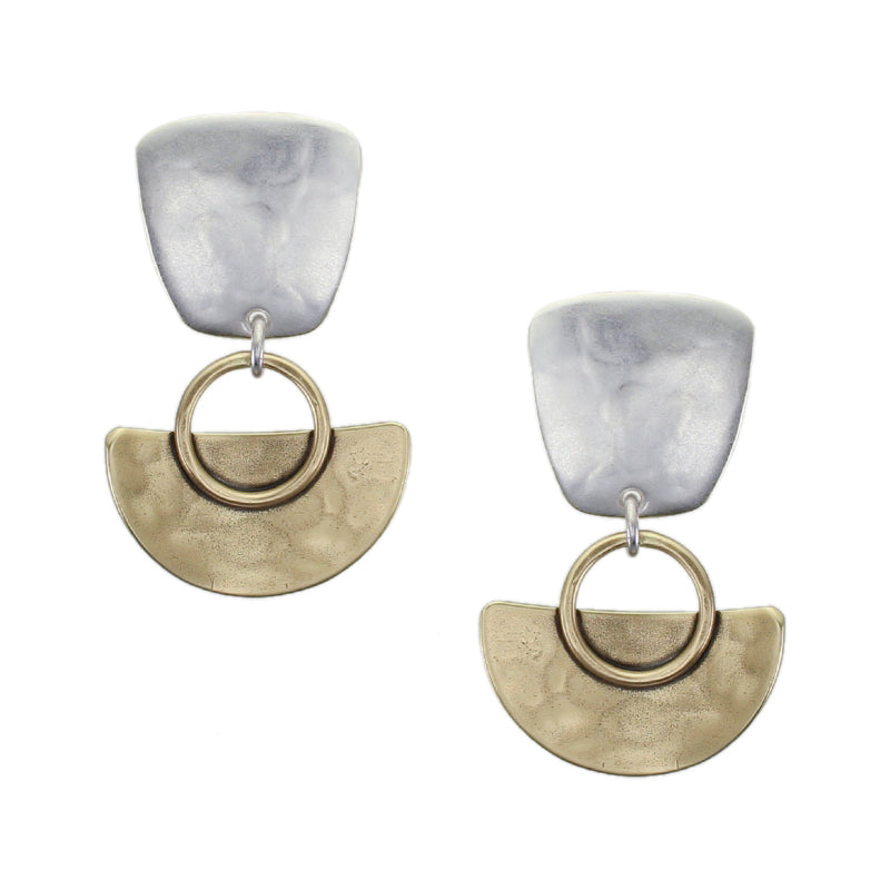 Tapered Square with Curved Semi Circle and Rings Clip or Post Earring