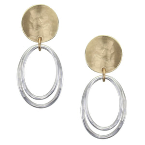 Curved Disc Linked with Two Long Oval Rings Clip or Post Earring