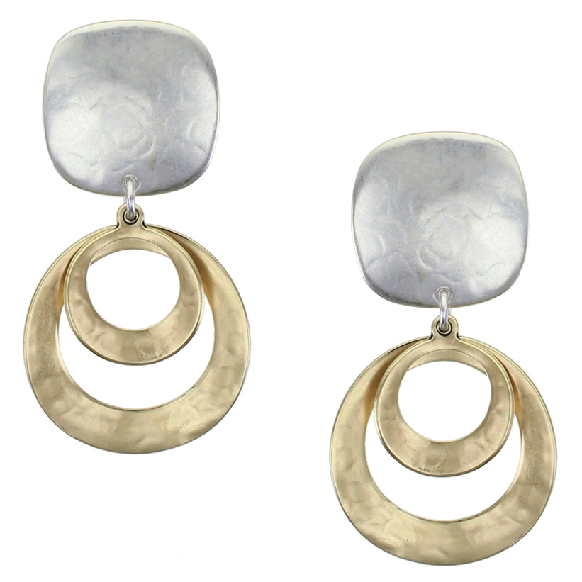 Rounded Square with Tiered Curved Rings Clip or Post Earring