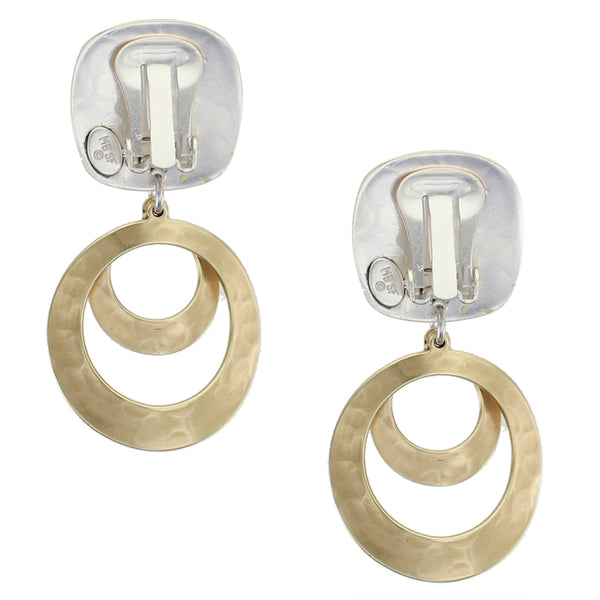 Rounded Square with Tiered Curved Rings Clip or Post Earring