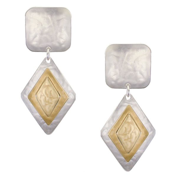 Rounded Square with Layered Diamonds Clip or Post Earring