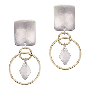 Rounded Rectangle with Rings and Diamond Clip or Post Earring