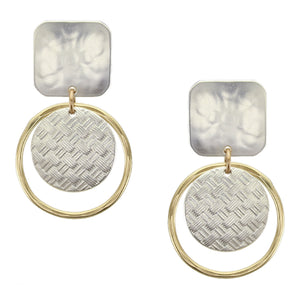 Square with Ring and Basketweave Disc Clip or Post Earring
