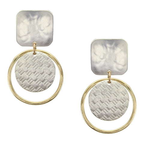 Square with Ring and Basketweave Disc Clip or Post Earring