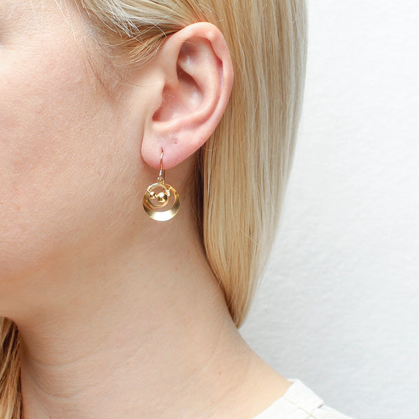 Gold Concave Cutout Disc with Ring and Beads Wire Earring