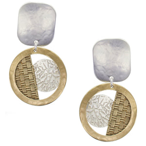 Rounded Rectangle with Frame & Crinkle Disc and Basketweave Post or Clip Earring
