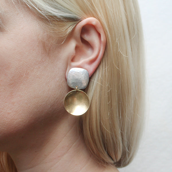 Rounded Square with Dished Disc Clip or Post Earring
