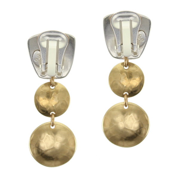 Tapered Square Linked with Two Tiered Dished Discs Clip or Post Earring