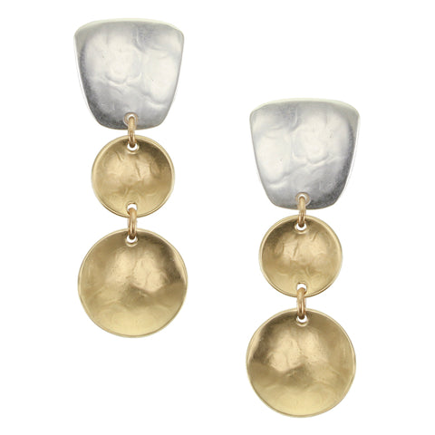 Tapered Square Linked with Two Tiered Dished Discs Clip or Post Earring