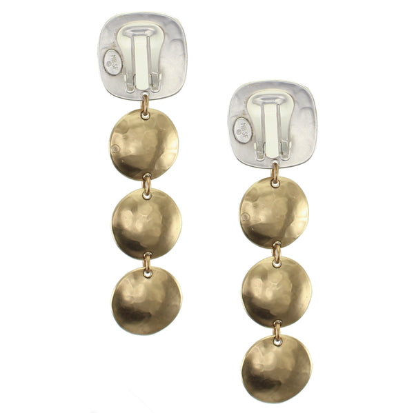 Rounded Square with Three Dished Discs Clip or Post Earring