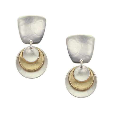 Tapered Square with Tiered and Layered Dished Discs Clip or Post Earring