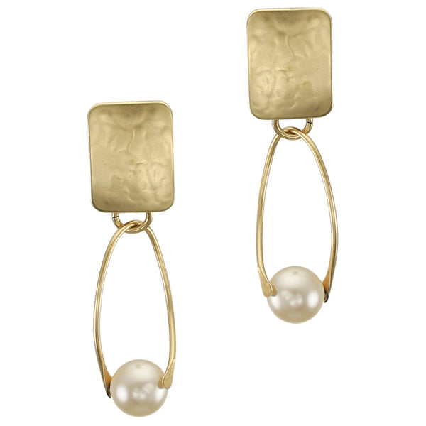 Rectangle with Suspended Pearl Clip or Post Earring