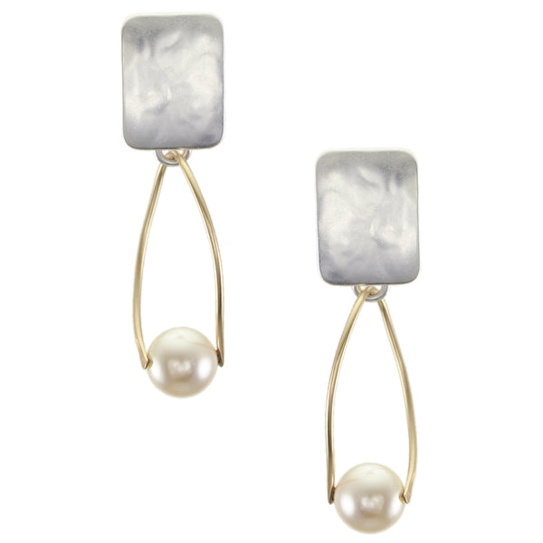 Rectangle with Suspended Pearl Clip or Post Earring