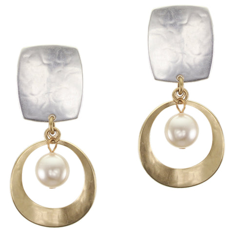 Rounded Rectangle with Cutout Disc and Pearl Clip or Post Earring