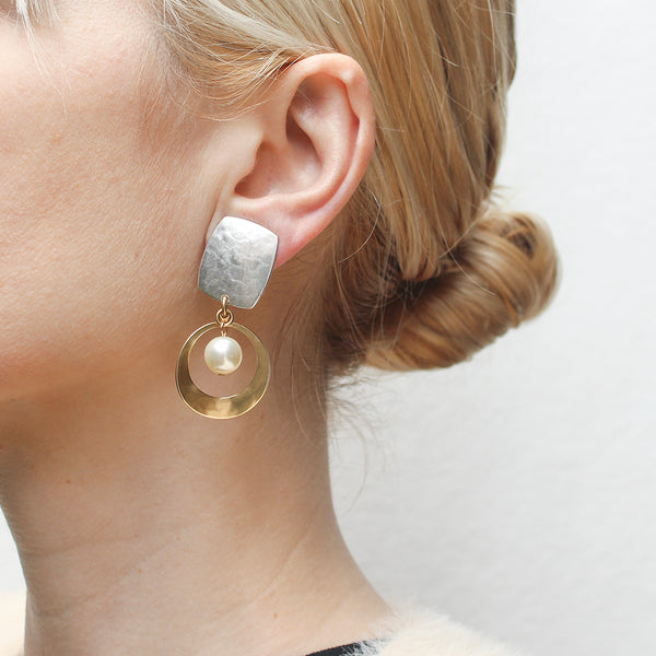 Rounded Rectangle with Cutout Disc and Pearl Clip or Post Earring