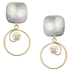Square with Spiral and Pearl Clip or Post Earring