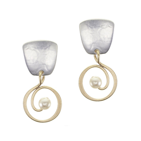 Tapered Square with Spiral and Pearl Clip or Post Earring
